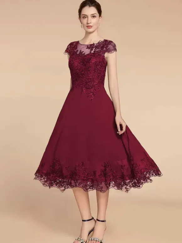 Robe de soirée pour mère de la mariée col en bijou manches cape dentelle ligne a longueur thé robes d'invitées de mariage