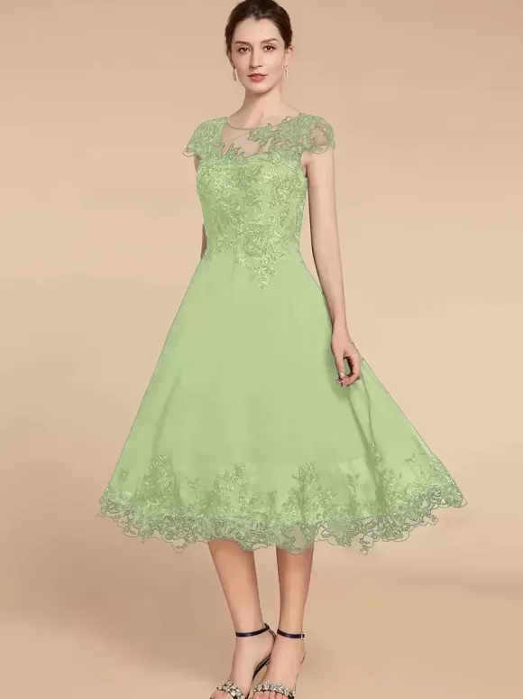 Robe de soirée pour mère de la mariée col en bijou manches cape dentelle ligne a longueur thé robes d'invitées de mariage