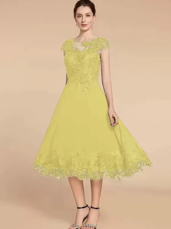 Robe de soirée pour mère de la mariée col en bijou manches cape dentelle ligne a longueur thé robes d'invitées de mariage