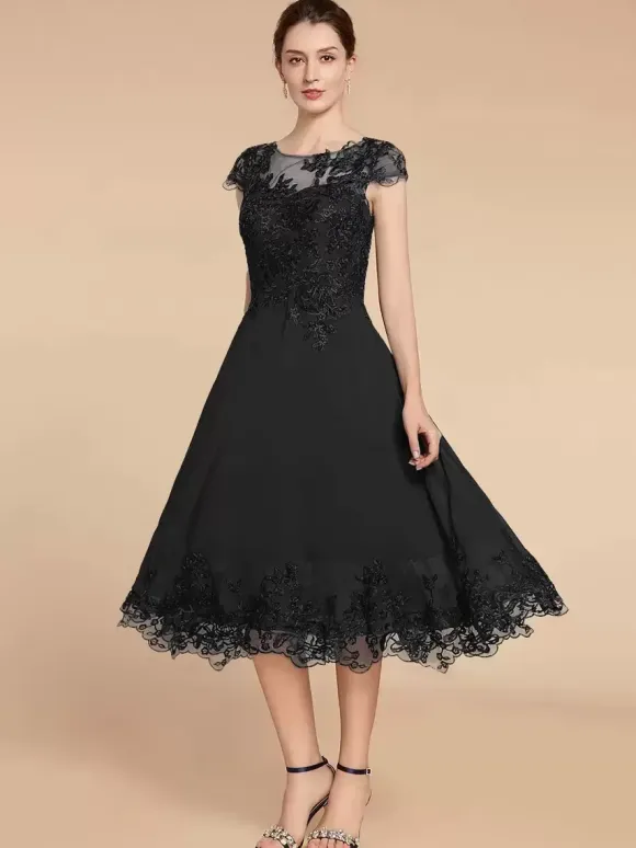 Robe de soirée pour mère de la mariée col en bijou manches cape dentelle ligne a longueur thé robes d'invitées de mariage