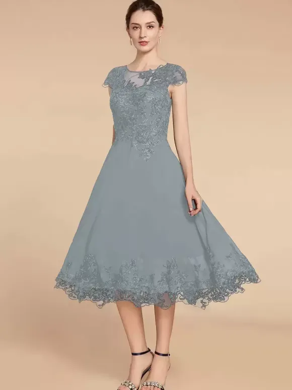 Robe de soirée pour mère de la mariée col en bijou manches cape dentelle ligne a longueur thé robes d'invitées de mariage
