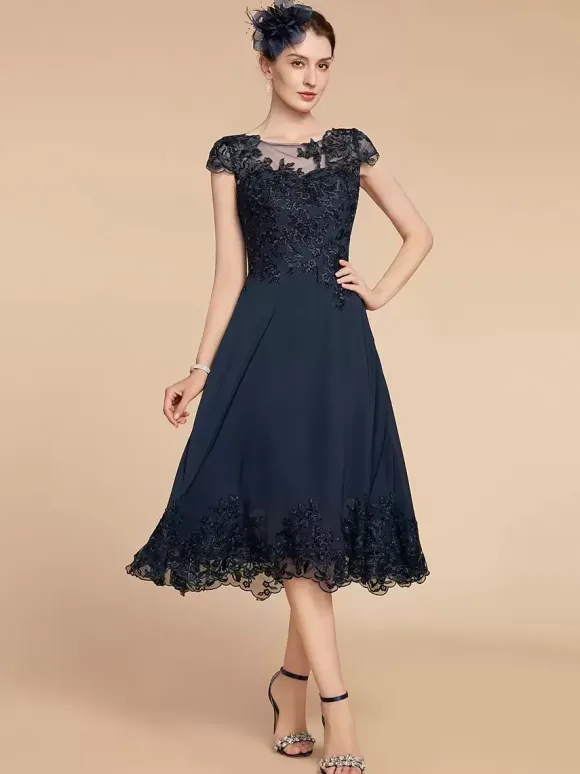 Robe de soirée pour mère de la mariée col en bijou manches cape dentelle ligne a longueur thé robes d'invitées de mariage