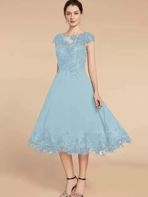 Robe de soirée pour mère de la mariée col en bijou manches cape dentelle ligne a longueur thé robes d'invitées de mariage