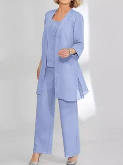 Robe de soirée pour mère de la mariée deux pièces en dentelle sans manches col bijou longueur cheville robes d'invitées pour mariage