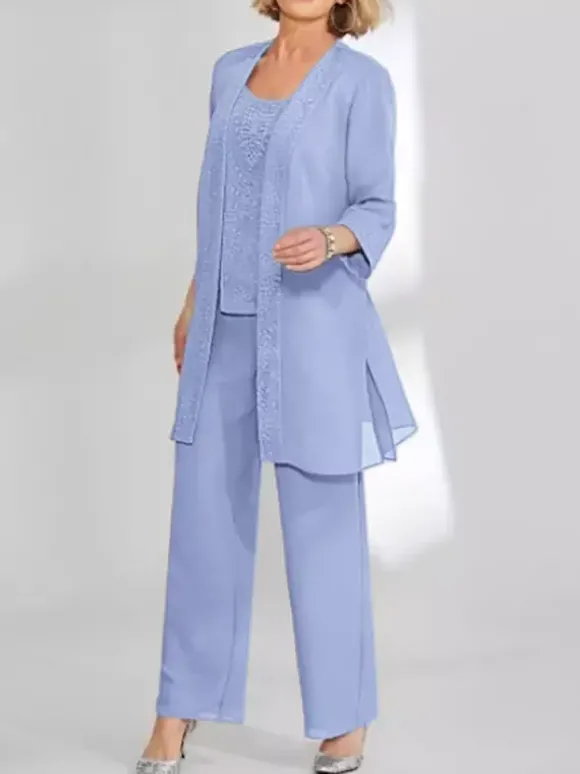 Robe de soirée pour mère de la mariée deux pièces en dentelle sans manches col bijou longueur cheville robes d'invitées pour mariage