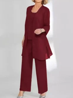 Robe de soirée pour mère de la mariée deux pièces en dentelle sans manches col bijou longueur cheville robes d'invitées pour mariage