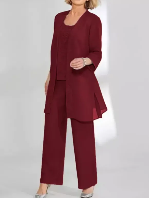 Robe de soirée pour mère de la mariée deux pièces en dentelle sans manches col bijou longueur cheville robes d'invitées pour mariage