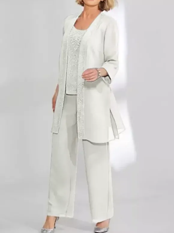 Robe de soirée pour mère de la mariée deux pièces en dentelle sans manches col bijou longueur cheville robes d'invitées pour mariage