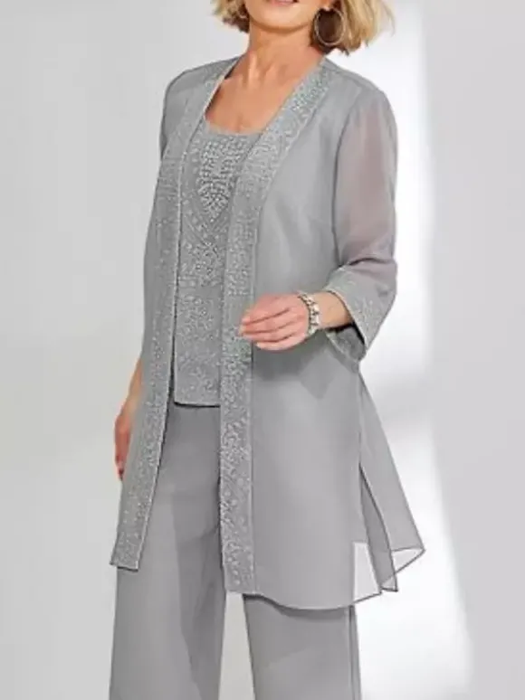 Robe de soirée pour mère de la mariée deux pièces en dentelle sans manches col bijou longueur cheville robes d'invitées pour mariage