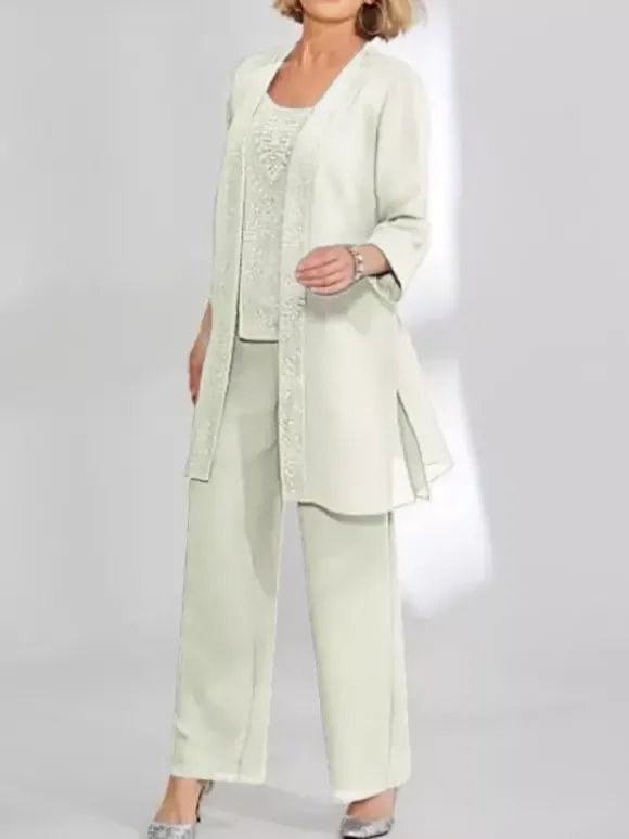 Robe de soirée pour mère de la mariée deux pièces en dentelle sans manches col bijou longueur cheville robes d'invitées pour mariage