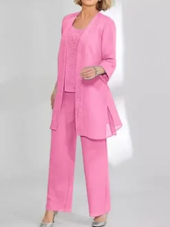 Robe de soirée pour mère de la mariée deux pièces en dentelle sans manches col bijou longueur cheville robes d'invitées pour mariage