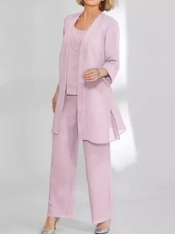 Robe de soirée pour mère de la mariée deux pièces en dentelle sans manches col bijou longueur cheville robes d'invitées pour mariage