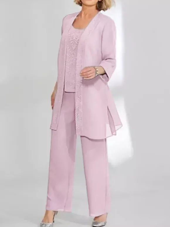 Robe de soirée pour mère de la mariée deux pièces en dentelle sans manches col bijou longueur cheville robes d'invitées pour mariage