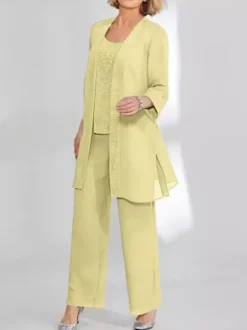 Robe de soirée pour mère de la mariée deux pièces en dentelle sans manches col bijou longueur cheville robes d'invitées pour mariage