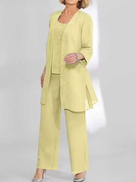 Robe de soirée pour mère de la mariée deux pièces en dentelle sans manches col bijou longueur cheville robes d'invitées pour mariage