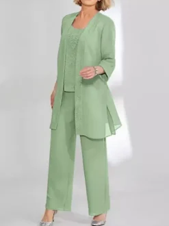 Robe de soirée pour mère de la mariée deux pièces en dentelle sans manches col bijou longueur cheville robes d'invitées pour mariage