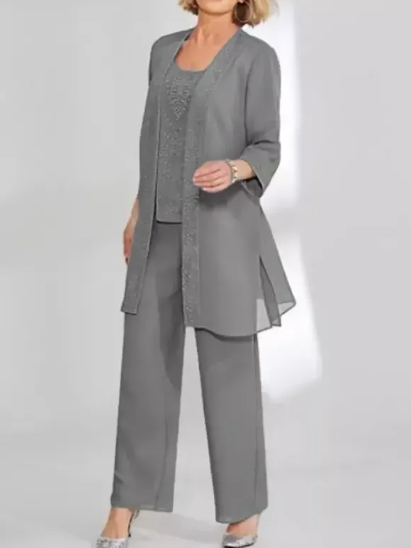Robe de soirée pour mère de la mariée deux pièces en dentelle sans manches col bijou longueur cheville robes d'invitées pour mariage