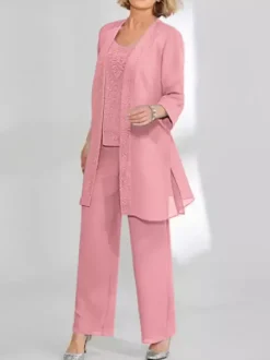 Robe de soirée pour mère de la mariée deux pièces en dentelle sans manches col bijou longueur cheville robes d'invitées pour mariage