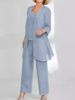 Robe de soirée pour mère de la mariée deux pièces en dentelle sans manches col bijou longueur cheville robes d'invitées pour mariage