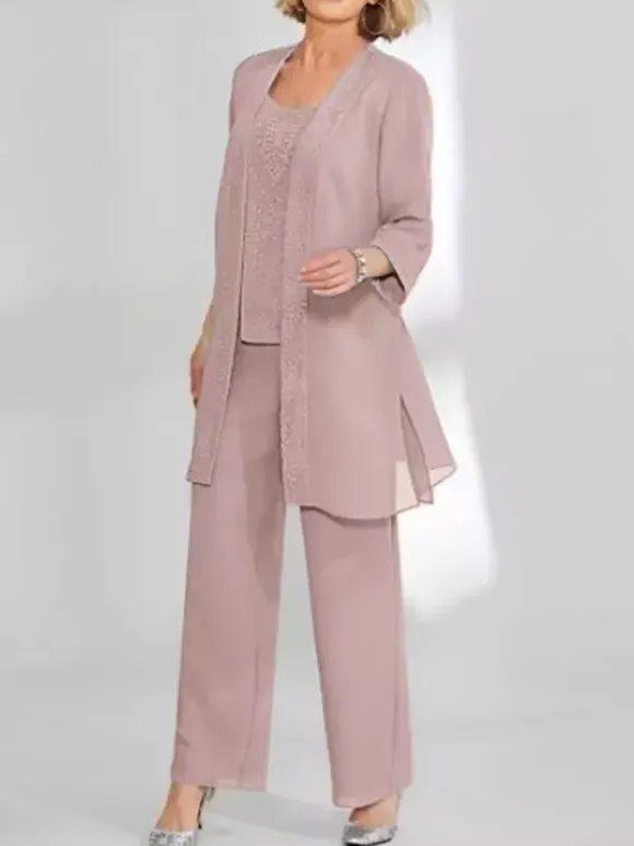 Robe de soirée pour mère de la mariée deux pièces en dentelle sans manches col bijou longueur cheville robes d'invitées pour mariage