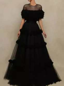 Robe de soirée princesse coupe princesse col bijou tulle longueur au sol à volants robes de soirée formelles