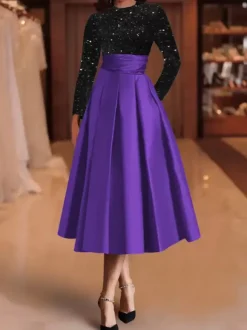 Robe de soirée robe de bal col bijou tissu satiné longueur thé paillettes robes de soirée formelles
