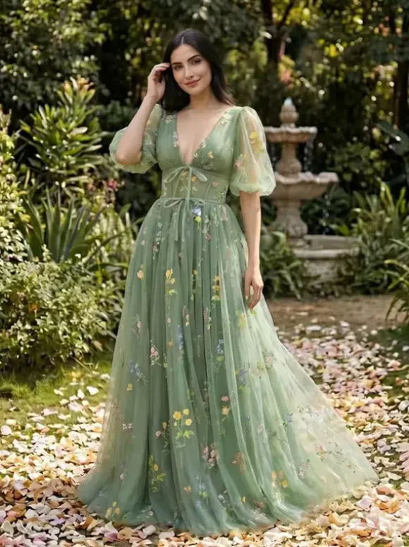 Robe de soirée robe de bal col en V robe de cérémonie longue en dentelle