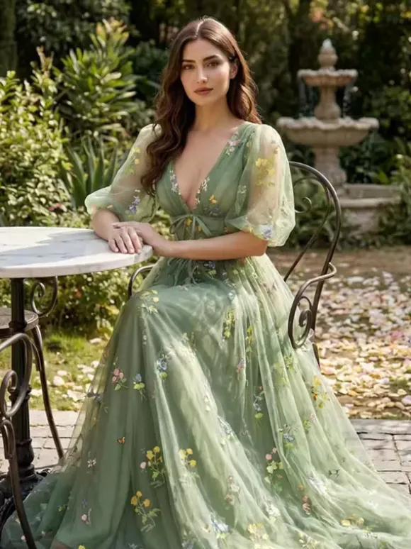 Robe de soirée robe de bal col en V robe de cérémonie longue en dentelle