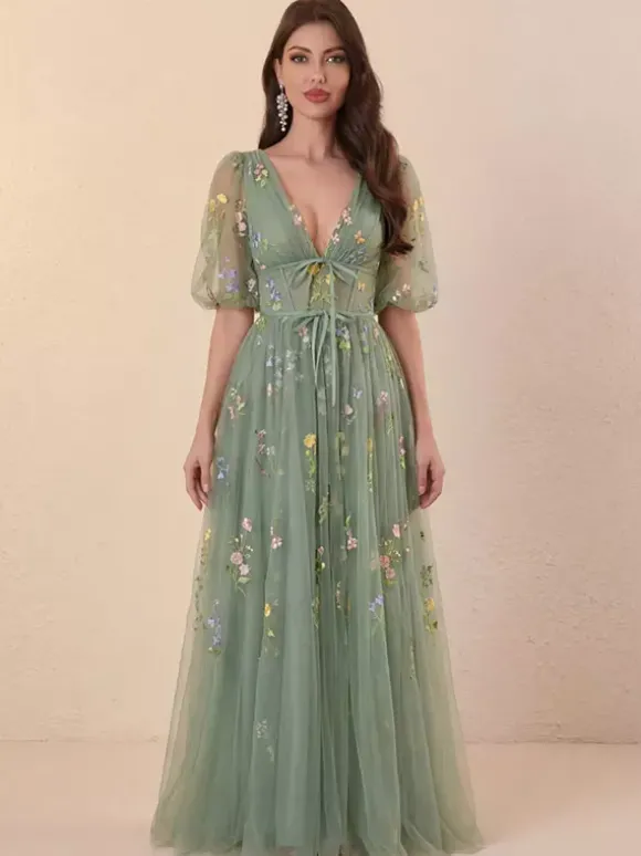 Robe de soirée robe de bal col en V robe de cérémonie longue en dentelle