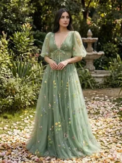 Robe de soirée robe de bal col en V robe de cérémonie longue en dentelle
