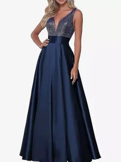 Robe de soirée robe de bal col V jupe plissée au sol