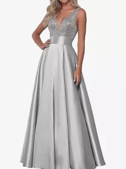 Robe de soirée robe de bal col V jupe plissée au sol