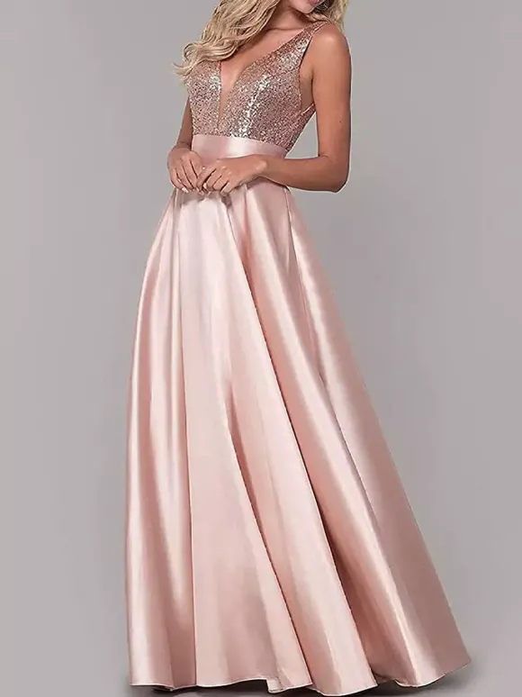 Robe de soirée robe de bal col V jupe plissée au sol
