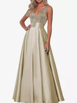 Robe de soirée robe de bal col V jupe plissée au sol