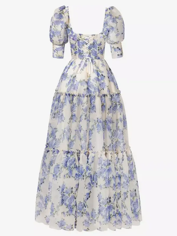 Robe De Soirée Rose Fleurie Longue Col Bateau Volants Manches Courtes Robe Semi-Formelle