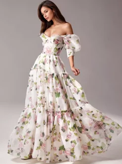 Robe De Soirée Rose Fleurie Longue Col Bateau Volants Manches Courtes Robe Semi-Formelle