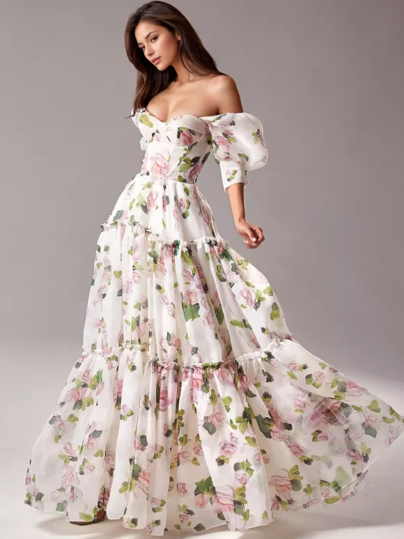 Robe De Soirée Rose Fleurie Longue Col Bateau Volants Manches Courtes Robe Semi-Formelle