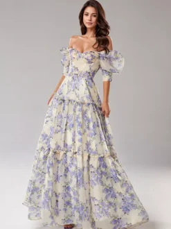Robe De Soirée Rose Fleurie Longue Col Bateau Volants Manches Courtes Robe Semi-Formelle