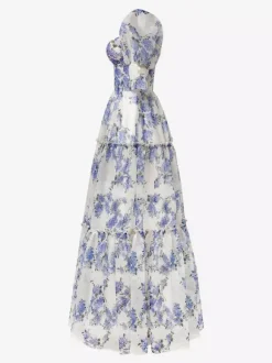 Robe De Soirée Rose Fleurie Longue Col Bateau Volants Manches Courtes Robe Semi-Formelle