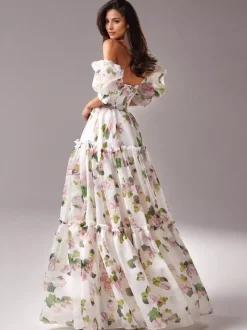 Robe De Soirée Rose Fleurie Longue Col Bateau Volants Manches Courtes Robe Semi-Formelle
