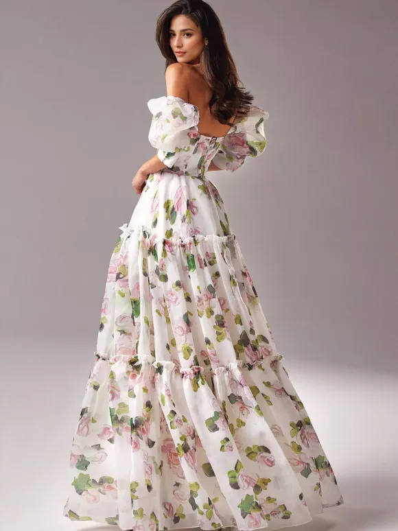 Robe De Soirée Rose Fleurie Longue Col Bateau Volants Manches Courtes Robe Semi-Formelle