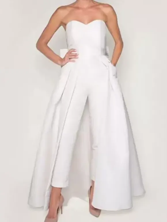 Robe de soirée rouge bustier tissu de satin 2 pièces combi-pantalon et jupe