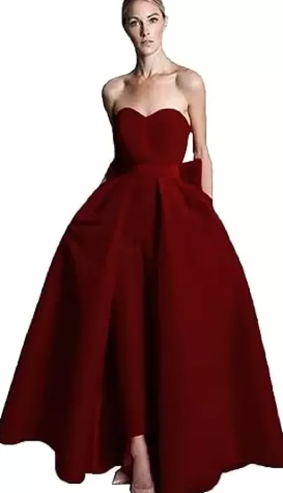 Robe de soirée rouge bustier tissu de satin 2 pièces combi-pantalon et jupe