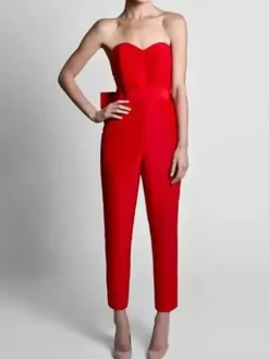 Robe de soirée rouge bustier tissu de satin 2 pièces combi-pantalon et jupe