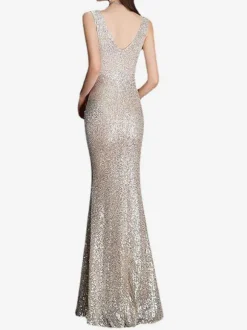 Robe de soirée sirène col en v longueur au sol sans manches fermeture éclair robes de dîner formelles en polyester