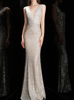 Robe de soirée sirène col en v longueur au sol sans manches fermeture éclair robes de dîner formelles en polyester