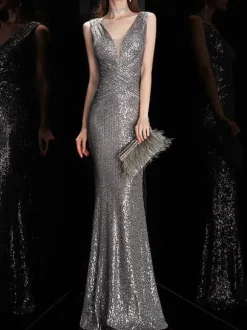 Robe de soirée sirène col en v longueur au sol sans manches fermeture éclair robes de dîner formelles en polyester