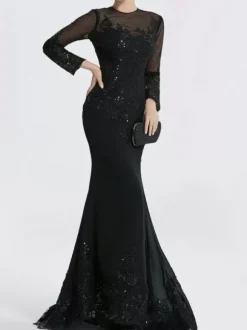 Robe de soirée sirène col en V traîne courte manches longues fermeture éclair appliques paillettes robes de soirée formelles