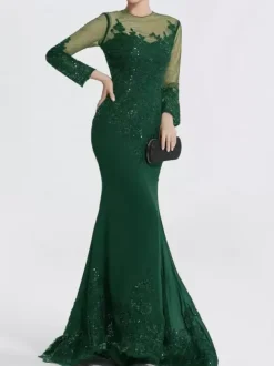 Robe de soirée sirène col en V traîne courte manches longues fermeture éclair appliques paillettes robes de soirée formelles