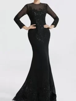 Robe de soirée sirène col en V traîne courte manches longues fermeture éclair appliques paillettes robes de soirée formelles